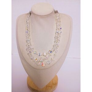 Pair Aurora Borealis Crystal Bead Triple and Double Strand Statement Necklaces